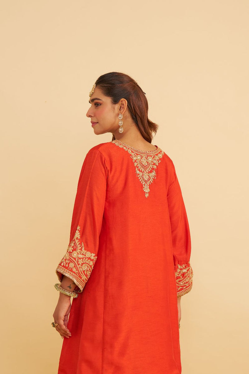 Marwa - Short Chauga With Salwar-Burnt Orange silk by SHEETAL BATRA in orange color for women Worldwide