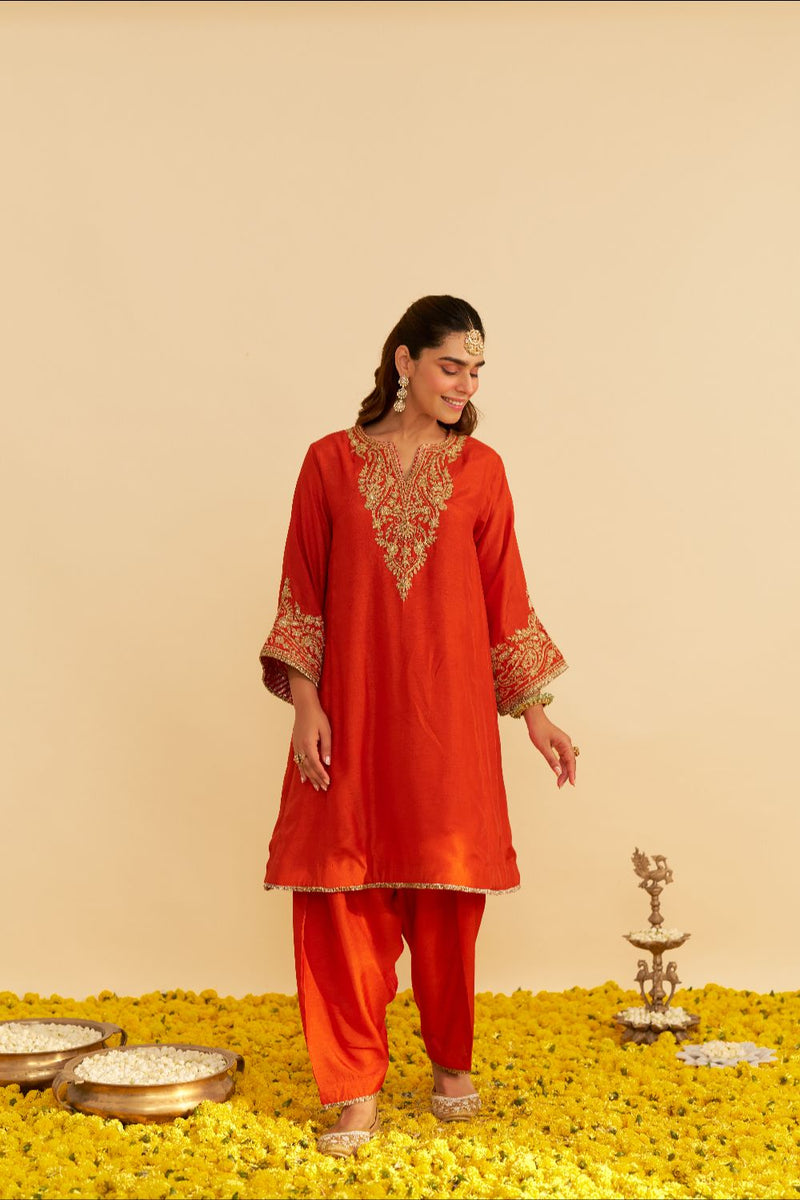 Marwa - Short Chauga With Salwar-Burnt Orange silk by SHEETAL BATRA in orange color for women Worldwide