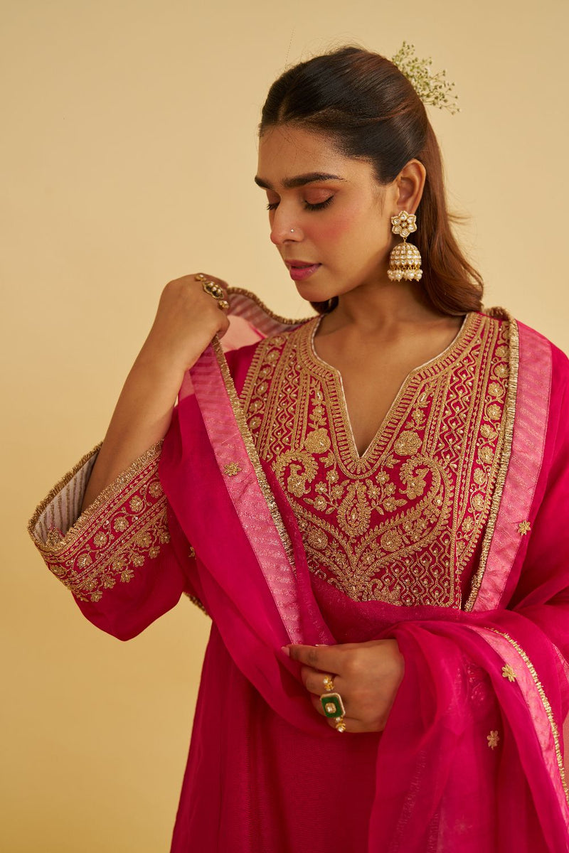 Mehza - Short Chauga With Salwar-Hotpink silk by SHEETAL BATRA in pink color for women Worldwide