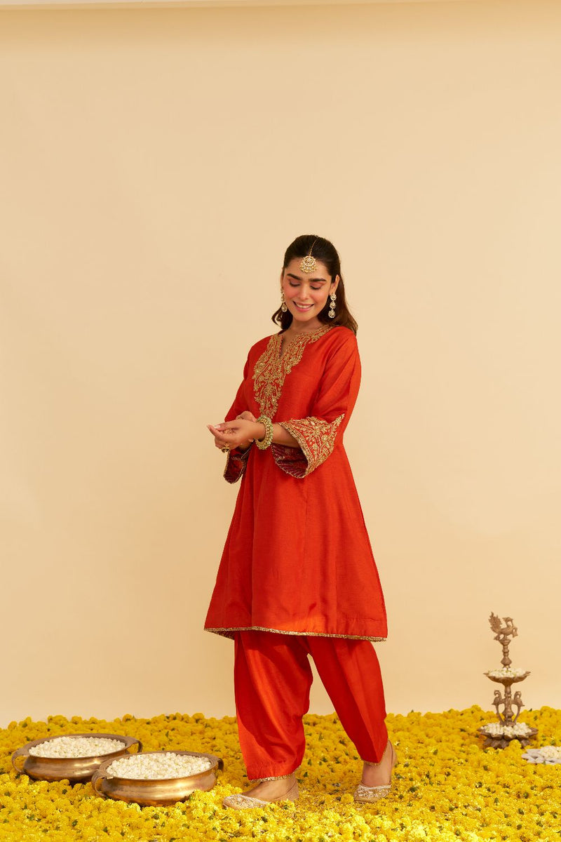 Marwa - Short Chauga With Salwar-Burnt Orange silk by SHEETAL BATRA in orange color for women Worldwide