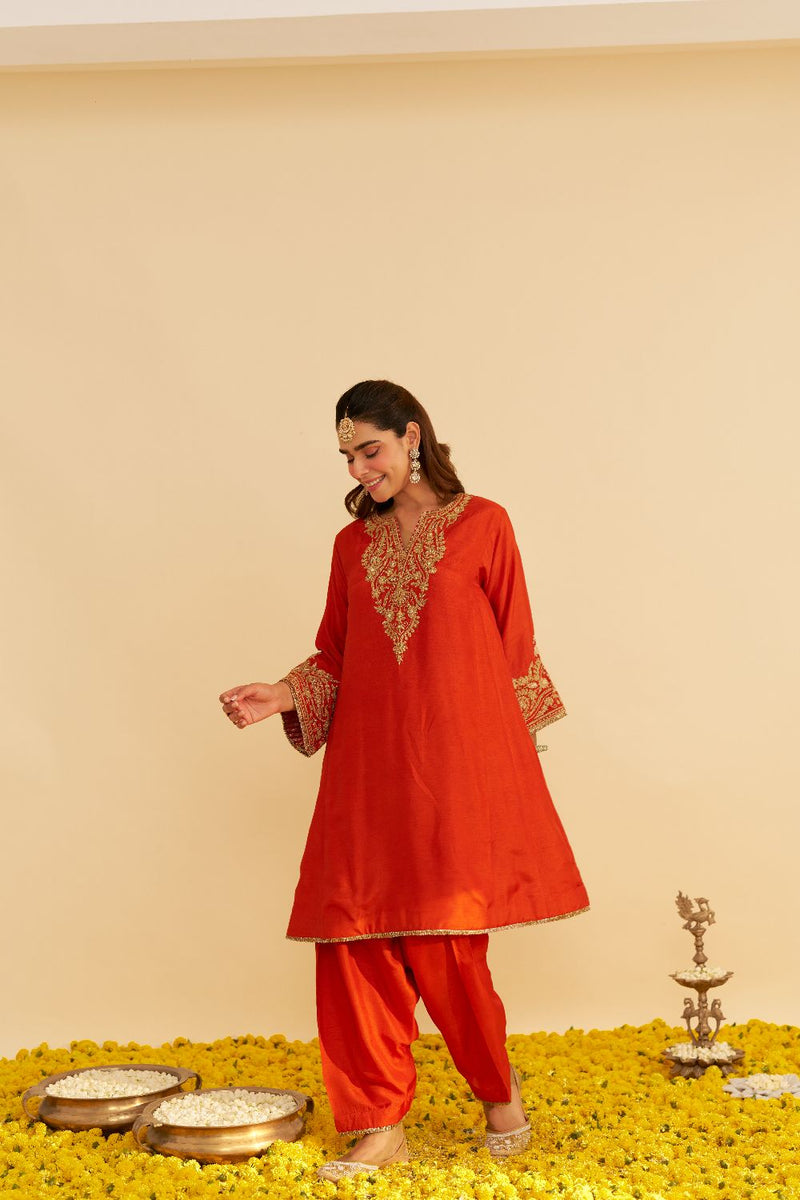 Marwa - Short Chauga With Salwar-Burnt Orange silk by SHEETAL BATRA in orange color for women Worldwide