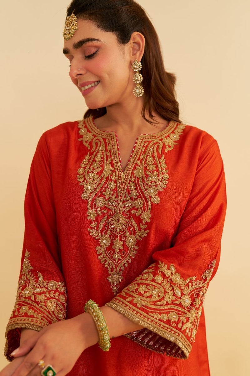 Marwa - Short Chauga With Salwar-Burnt Orange silk by SHEETAL BATRA in orange color for women Worldwide