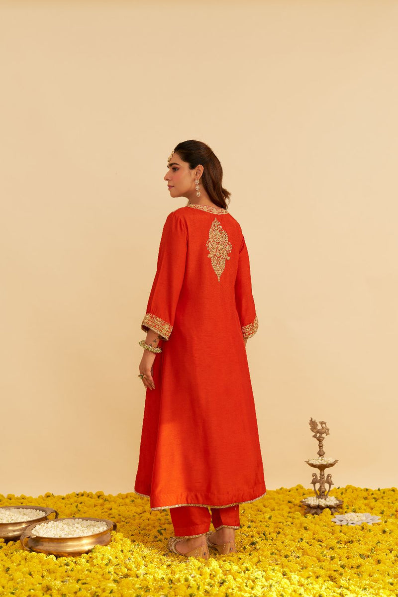 Hiba - Long Kaftan With Salwar-Burnt Orange silk by SHEETAL BATRA in orange color for women Worldwide