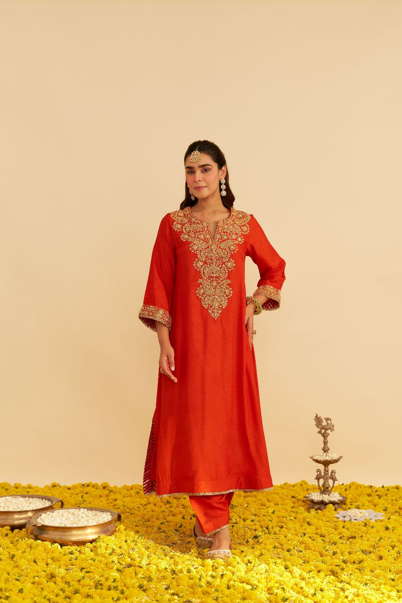 Hiba - Long Kaftan With Salwar-Burnt Orange silk by SHEETAL BATRA in orange color for women Worldwide