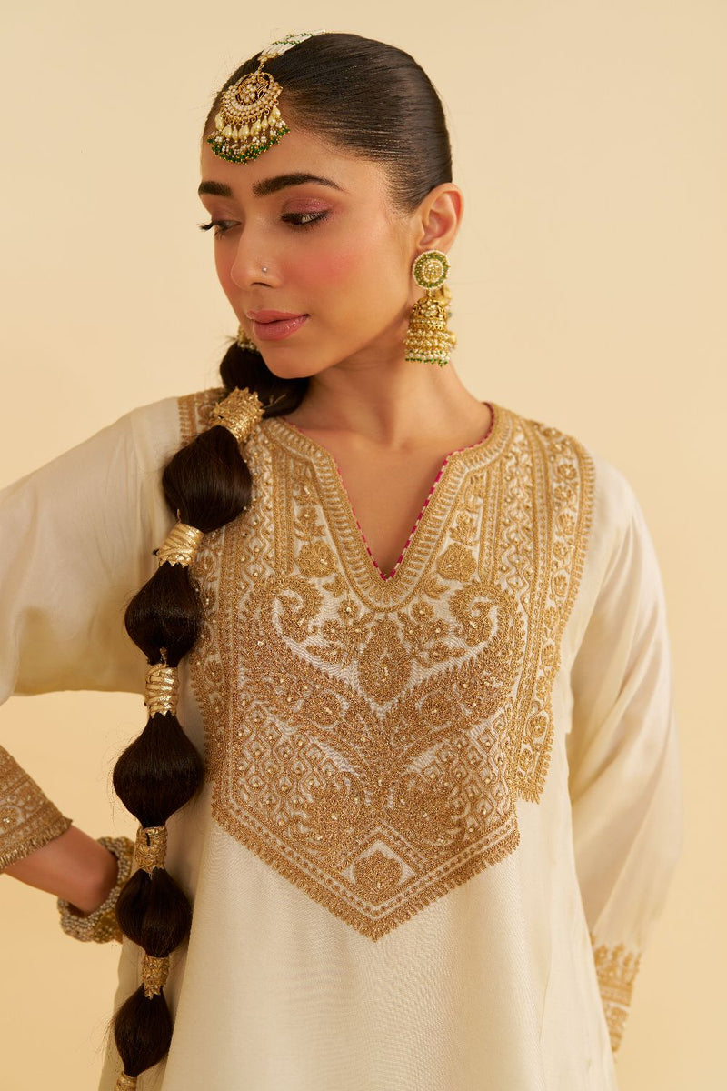 Mehza - Short Chauga With Salwar-Daisy Ivory silk by SHEETAL BATRA in ivory color for women Worldwide