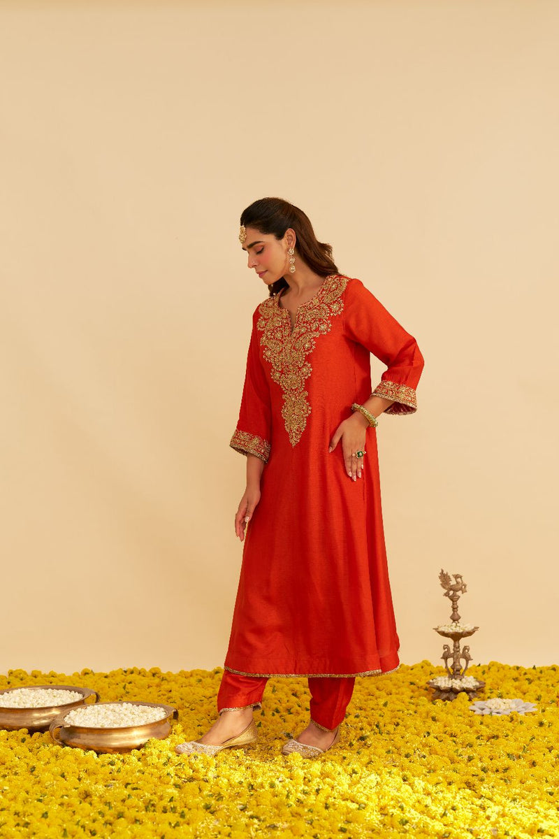 Hiba - Long Kaftan With Salwar-Burnt Orange silk by SHEETAL BATRA in orange color for women Worldwide