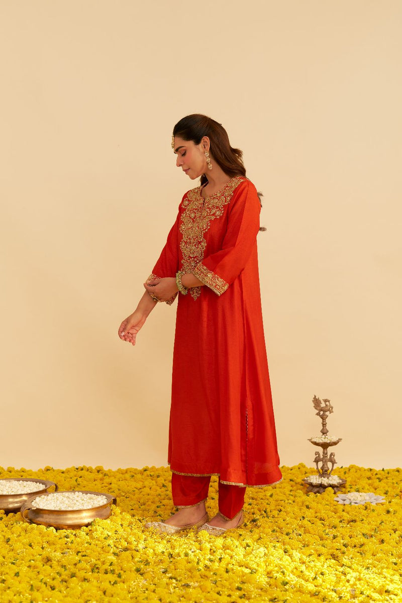 Hiba - Long Kaftan With Salwar-Burnt Orange silk by SHEETAL BATRA in orange color for women Worldwide