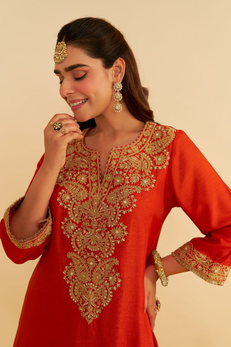 Hiba - Long Kaftan With Salwar-Burnt Orange silk by SHEETAL BATRA in orange color for women Worldwide