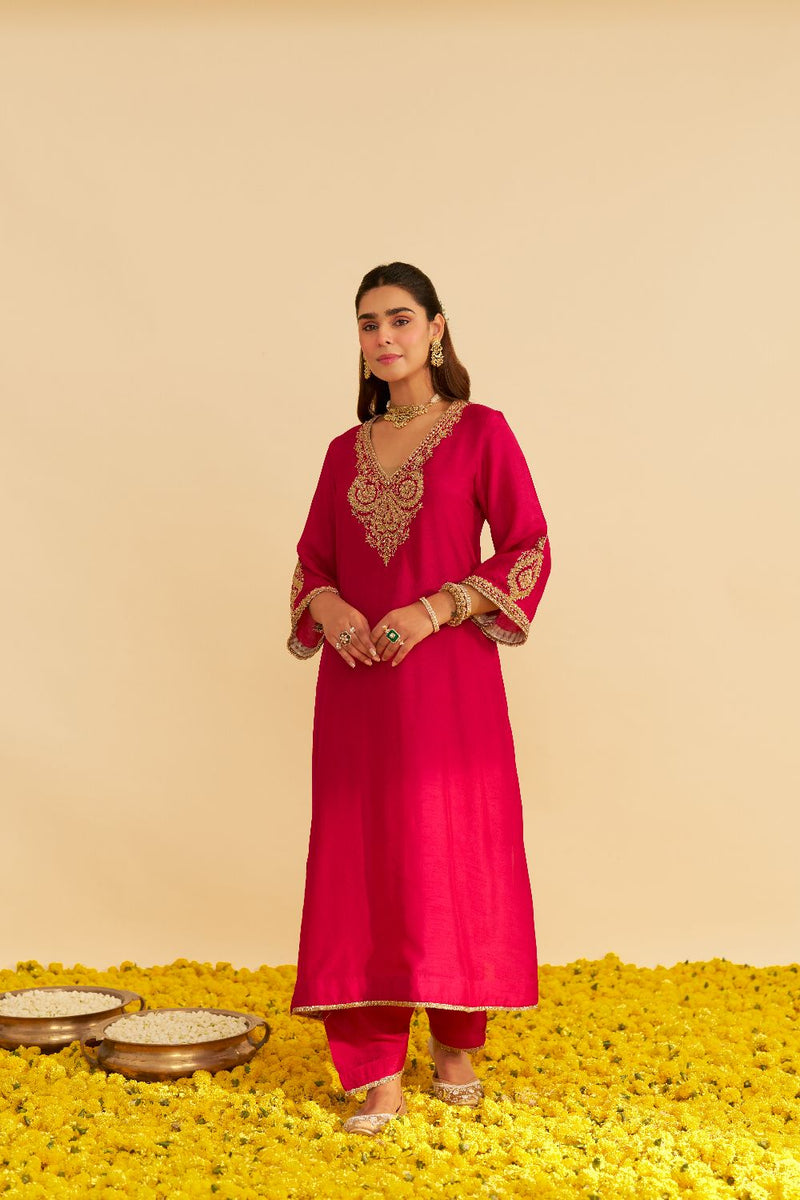 Haayat - Long Kaftan With Salwar-Hotpink silk by SHEETAL BATRA in pink color for women Worldwide