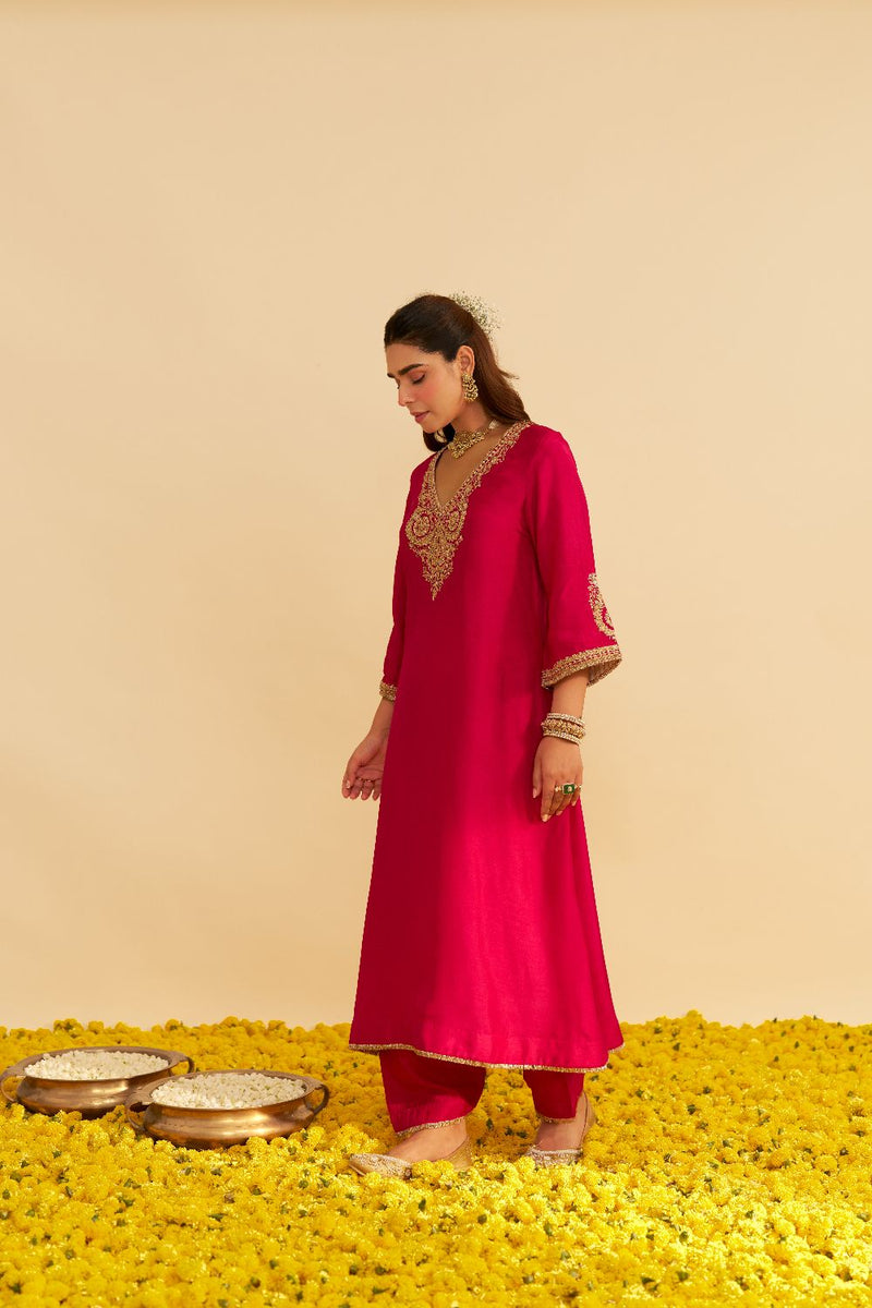 Haayat - Long Kaftan With Salwar-Hotpink silk by SHEETAL BATRA in pink color for women Worldwide
