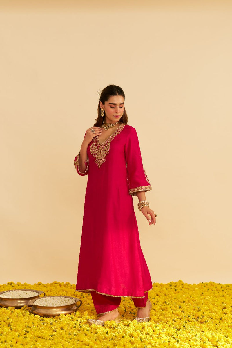 Haayat - Long Kaftan With Salwar-Hotpink silk by SHEETAL BATRA in pink color for women Worldwide