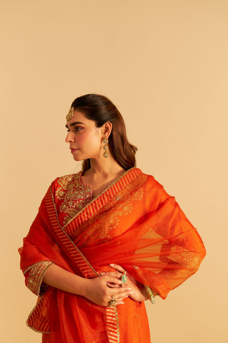 Hiba - Long Kaftan With Salwar-Burnt Orange silk by SHEETAL BATRA in orange color for women Worldwide