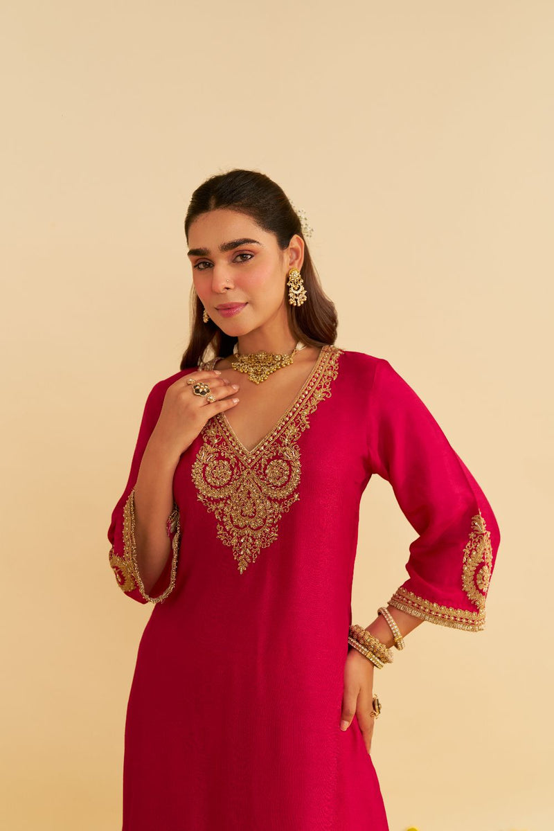 Haayat - Long Kaftan With Salwar-Hotpink silk by SHEETAL BATRA in pink color for women Worldwide