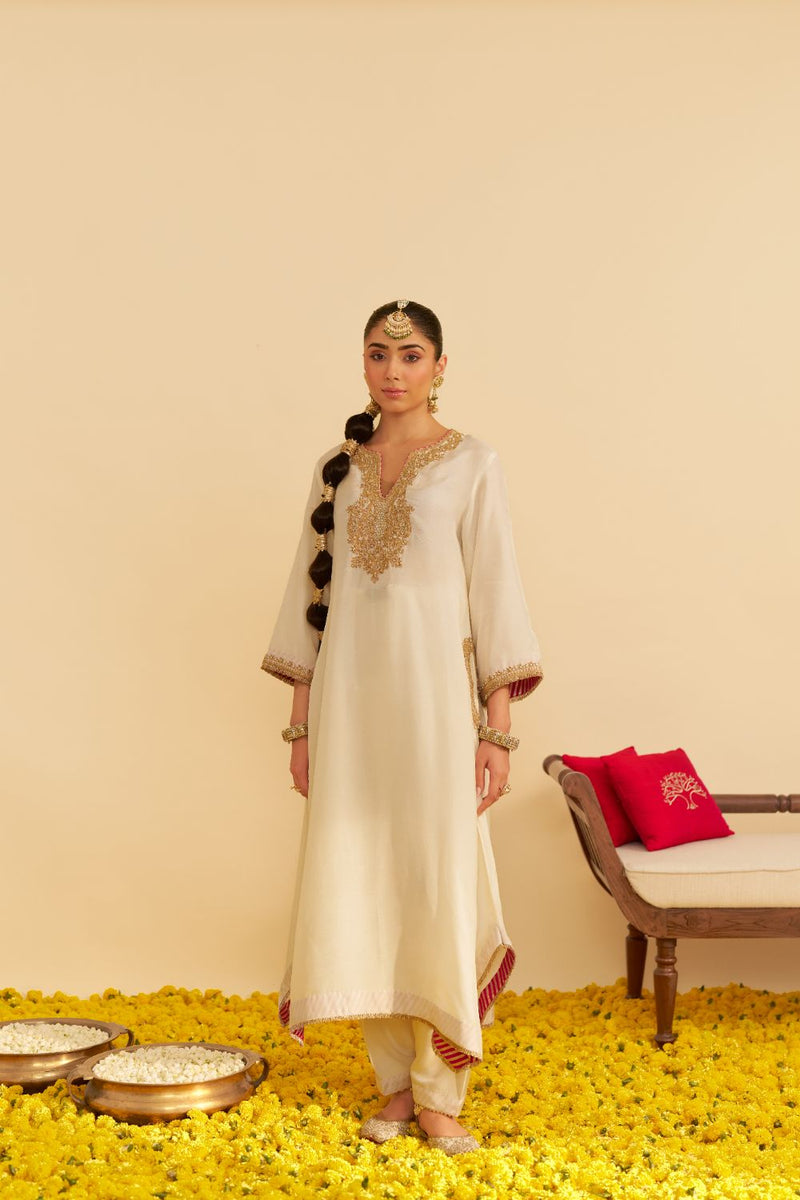 Amaya - Long Kaftan With Salwar-Daisy Ivory silk by SHEETAL BATRA in ivory color for women Worldwide