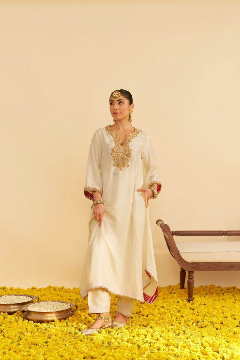 Amaya - Long Kaftan With Salwar-Daisy Ivory silk by SHEETAL BATRA in ivory color for women Worldwide
