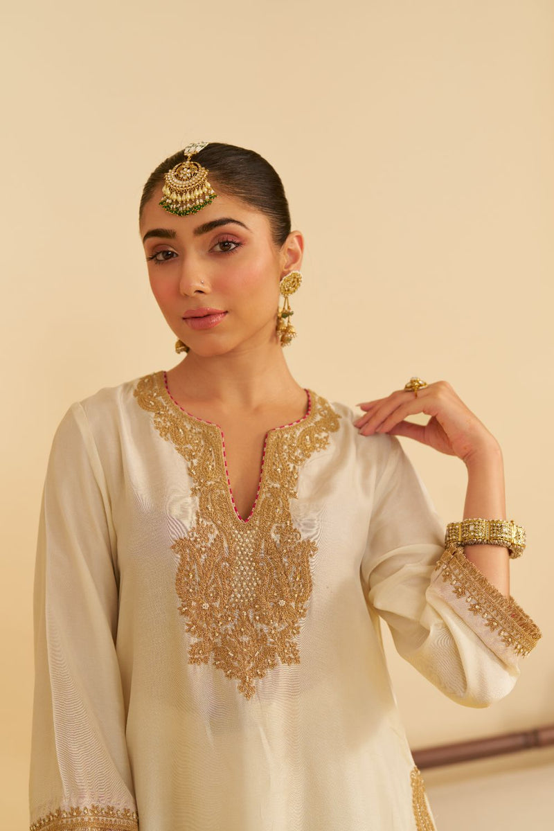 Amaya - Long Kaftan With Salwar-Daisy Ivory silk by SHEETAL BATRA in ivory color for women Worldwide