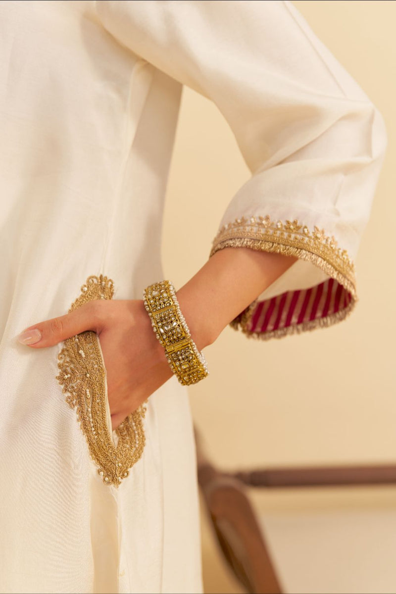 Amaya - Long Kaftan With Salwar-Daisy Ivory silk by SHEETAL BATRA in ivory color for women Worldwide