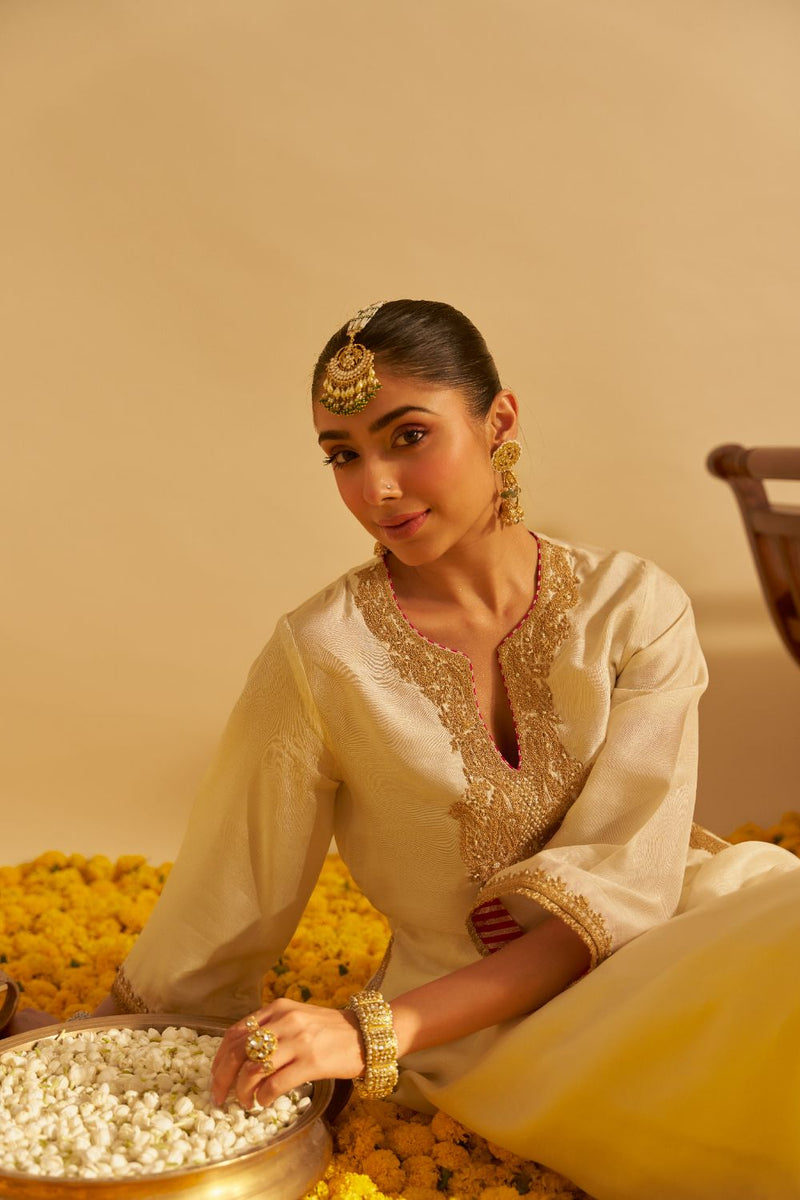 Amaya - Long Kaftan With Salwar-Daisy Ivory silk by SHEETAL BATRA in ivory color for women Worldwide