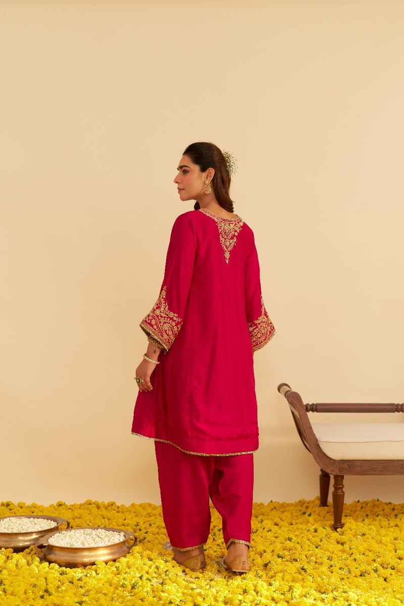 Marwa - Short Chauga With Salwar-Hotpink silk by SHEETAL BATRA in pink color for women Worldwide