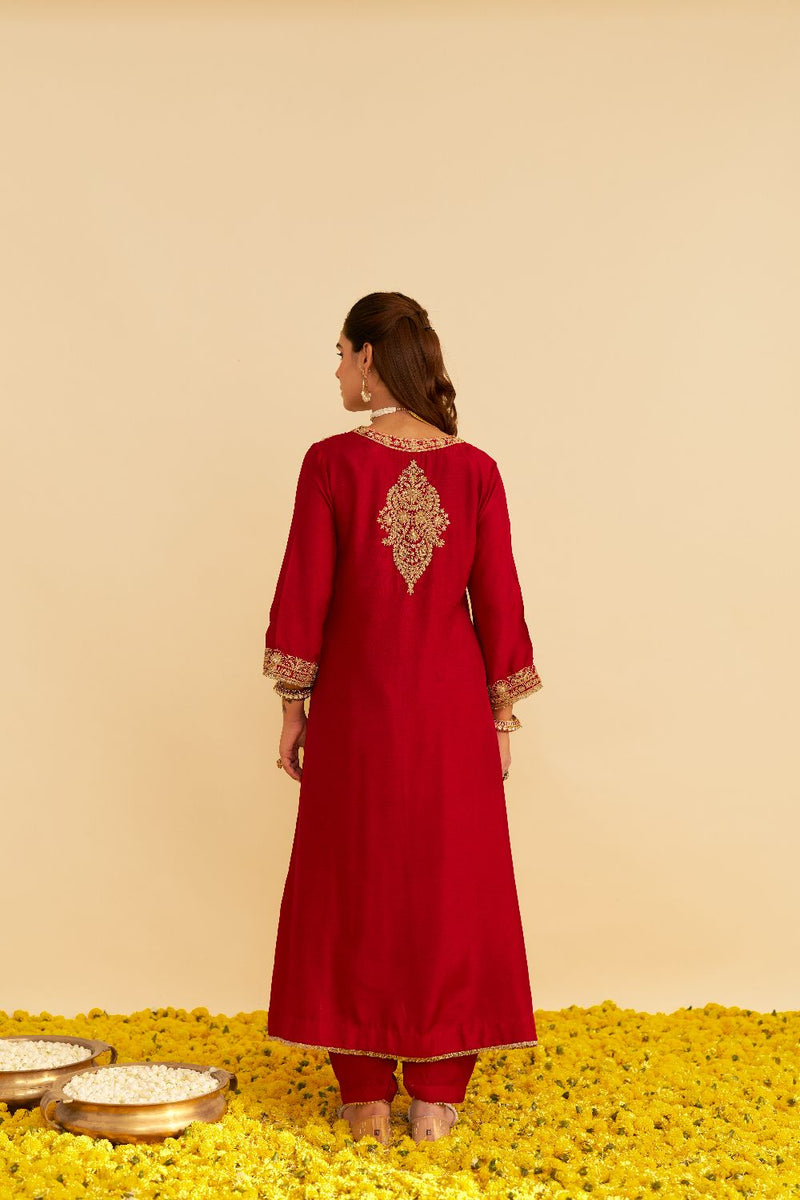 Hiba - Long Kaftan With Salwar-Deep Red silk by SHEETAL BATRA in red color for women Worldwide
