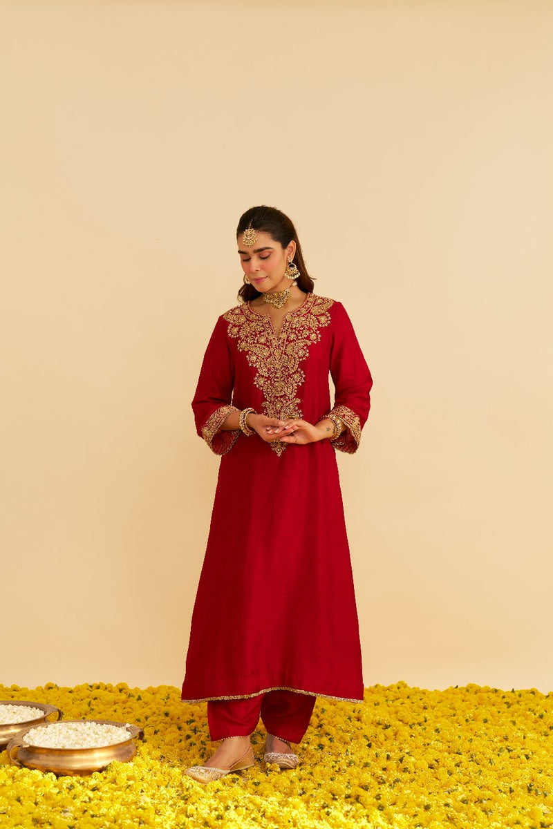 Hiba - Long Kaftan With Salwar-Deep Red silk by SHEETAL BATRA in red color for women Worldwide