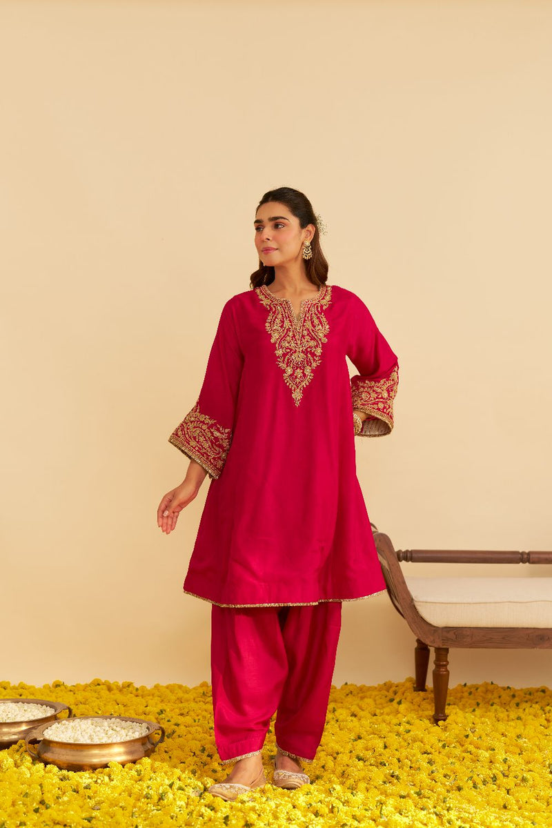 Marwa - Short Chauga With Salwar-Hotpink silk by SHEETAL BATRA in pink color for women Worldwide