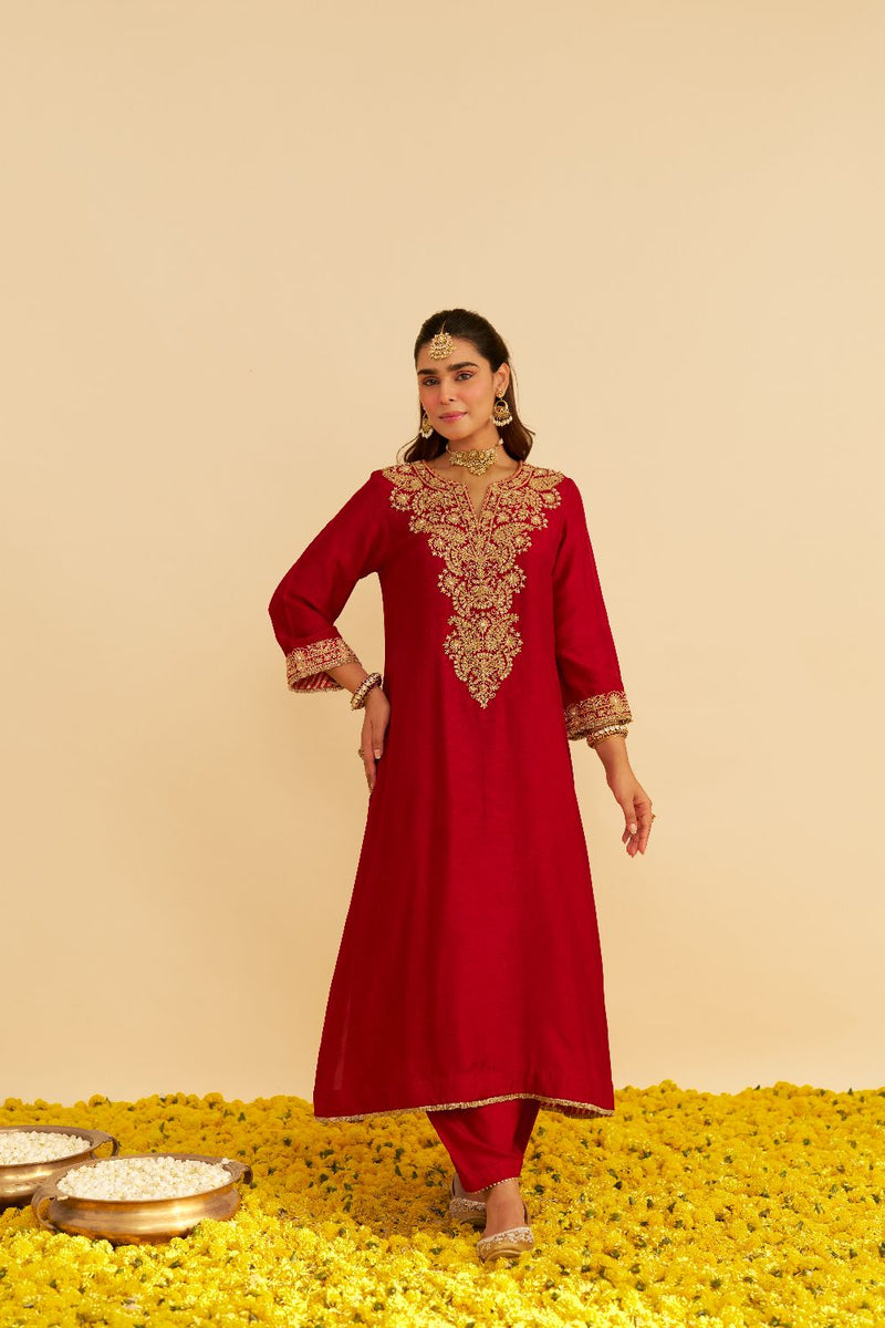 Hiba - Long Kaftan With Salwar-Deep Red silk by SHEETAL BATRA in red color for women Worldwide