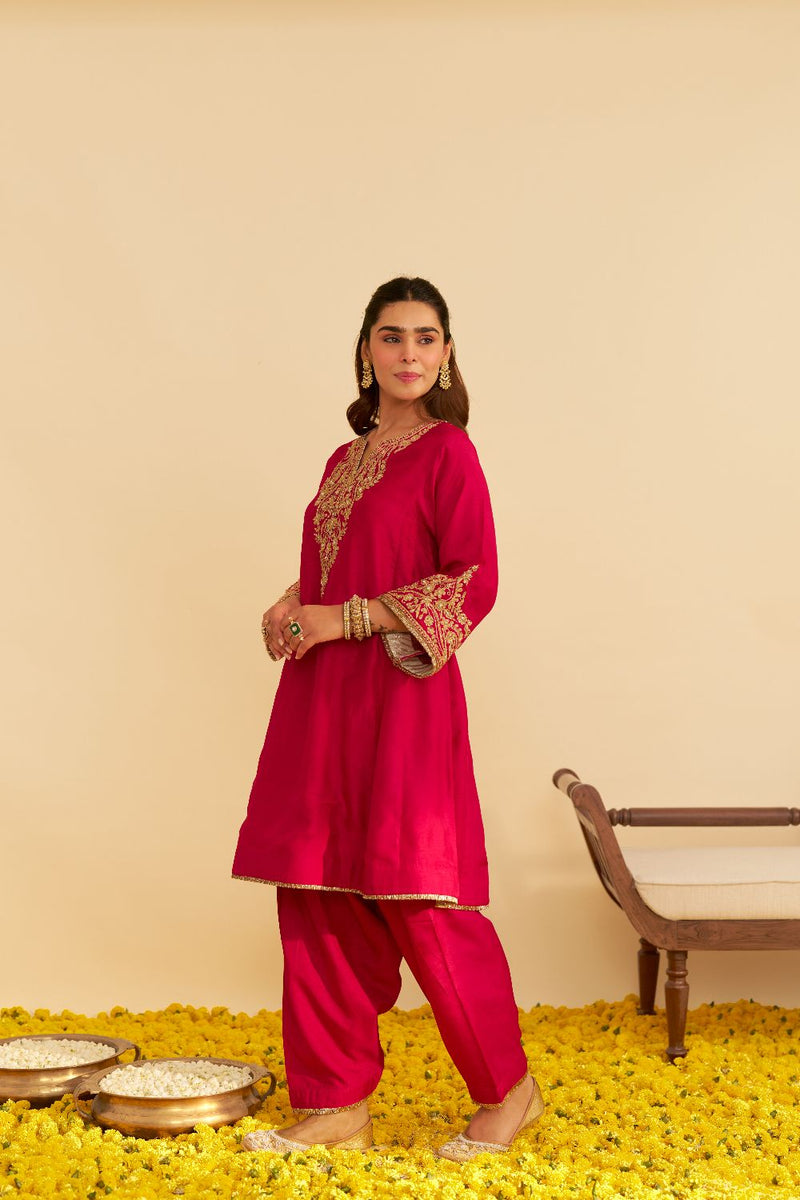 Marwa - Short Chauga With Salwar-Hotpink silk by SHEETAL BATRA in pink color for women Worldwide