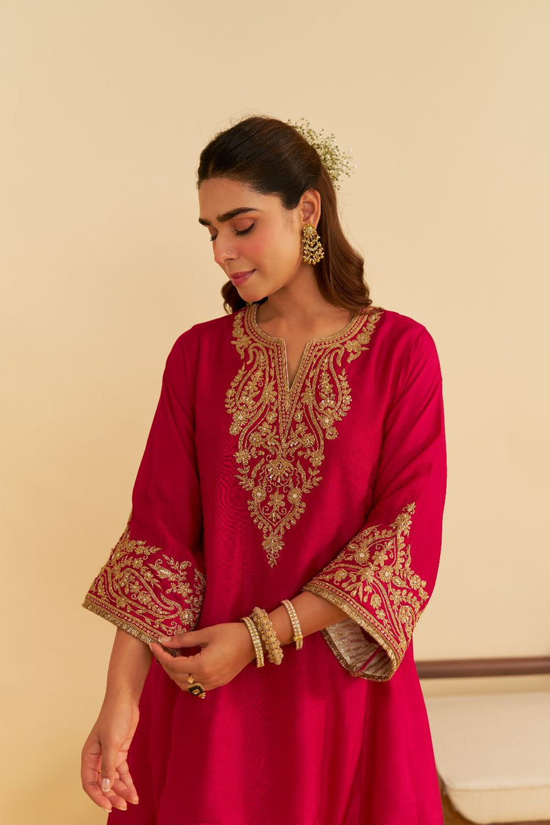 Marwa - Short Chauga With Salwar-Hotpink silk by SHEETAL BATRA in pink color for women Worldwide