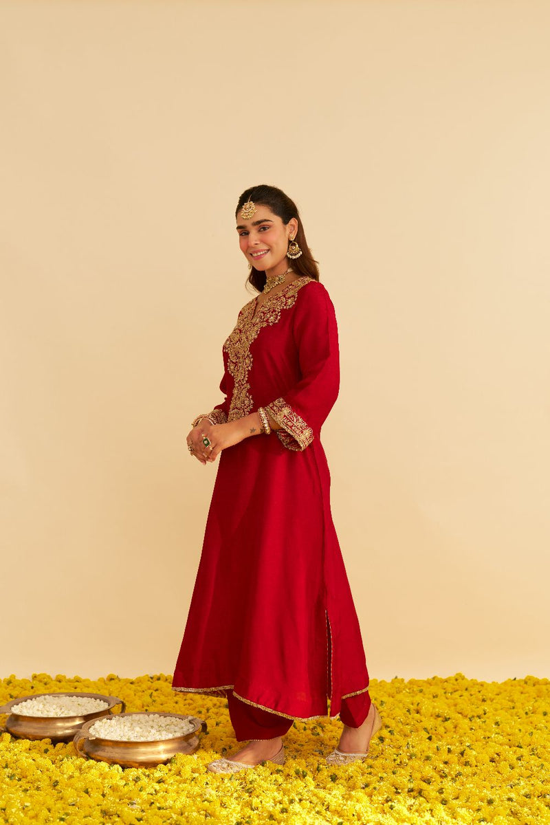 Hiba - Long Kaftan With Salwar-Deep Red silk by SHEETAL BATRA in red color for women Worldwide