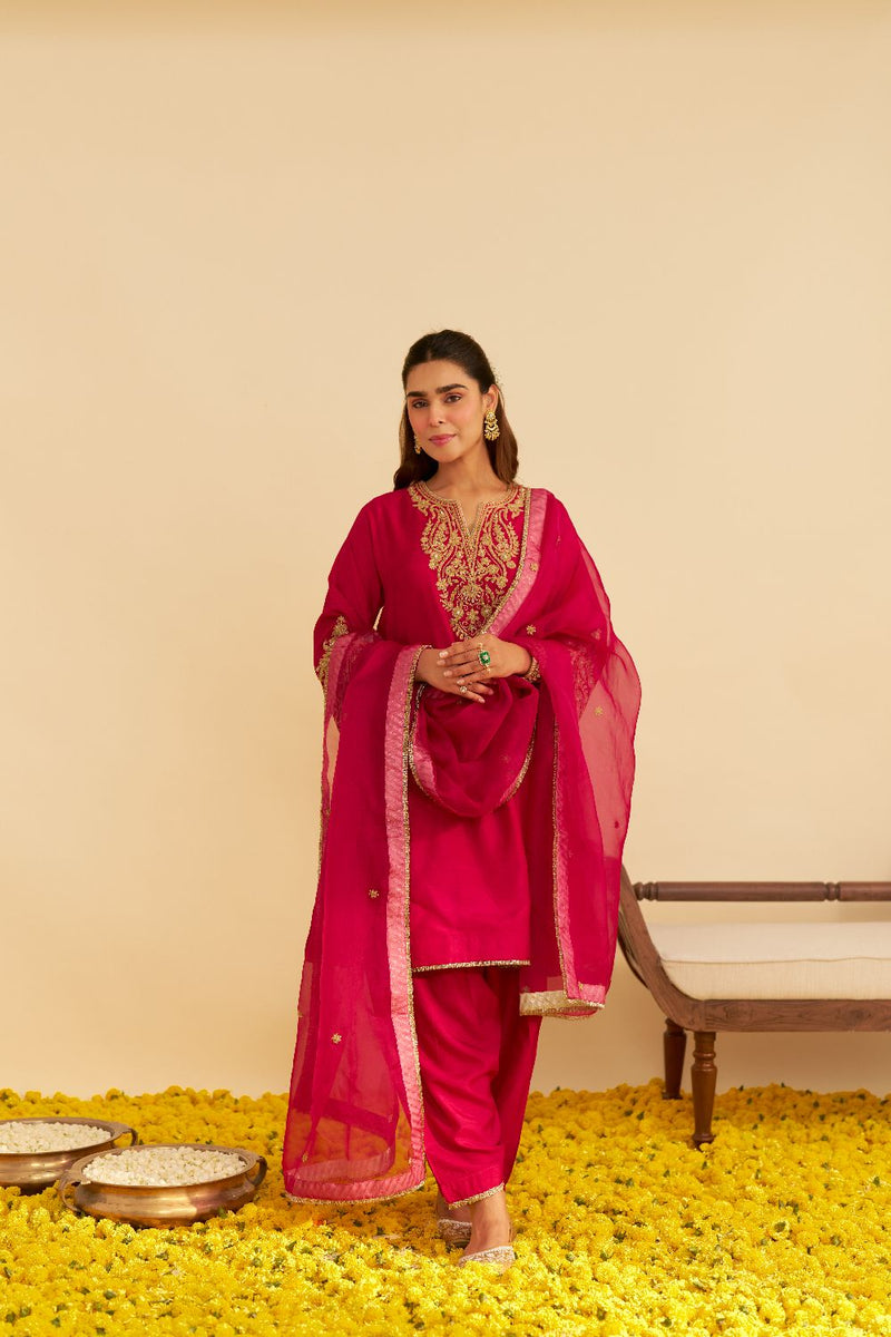 Marwa - Short Chauga With Salwar-Hotpink silk by SHEETAL BATRA in pink color for women Worldwide