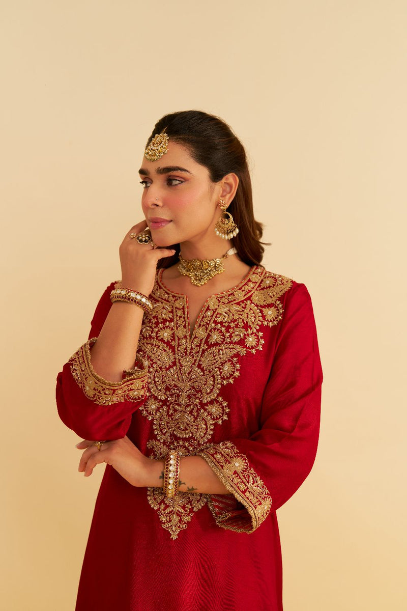 Hiba - Long Kaftan With Salwar-Deep Red silk by SHEETAL BATRA in red color for women Worldwide