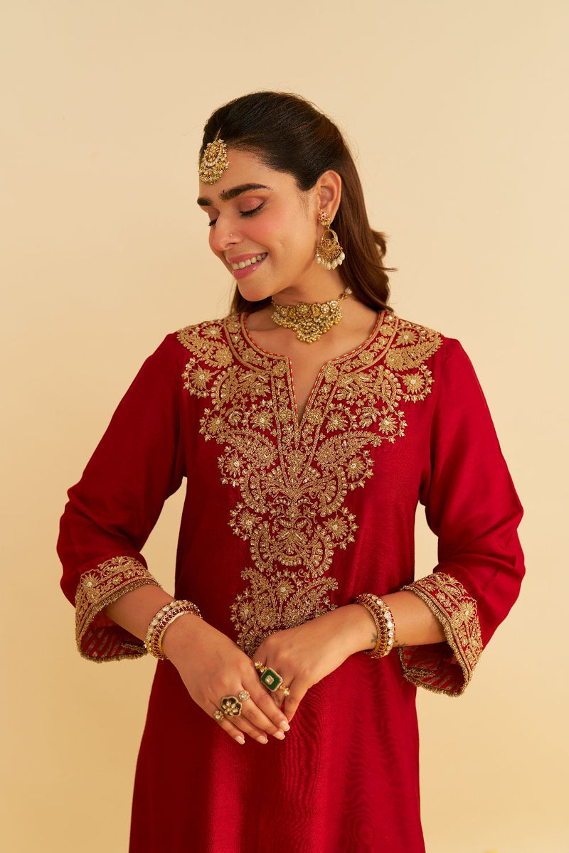 Hiba - Long Kaftan With Salwar-Deep Red silk by SHEETAL BATRA in red color for women Worldwide