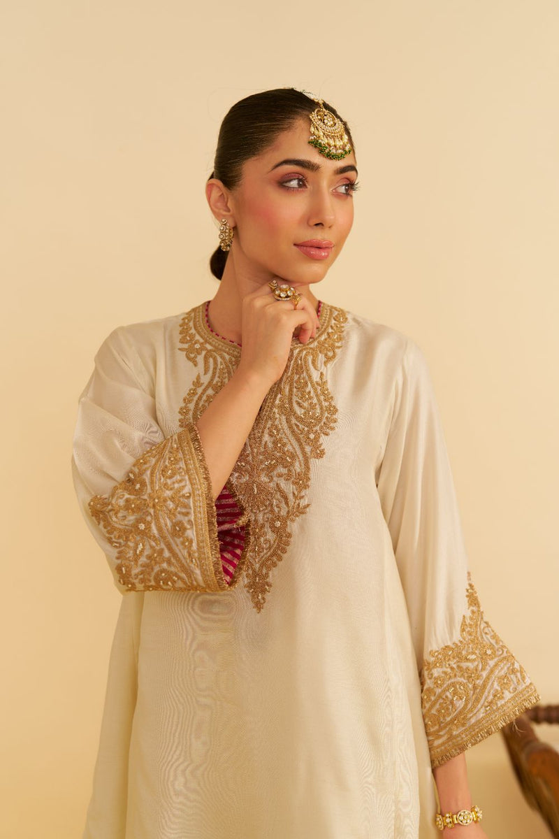 Marwa - Short Chauga With Salwar-Daisy Ivory silk by SHEETAL BATRA in ivory color for women Worldwide