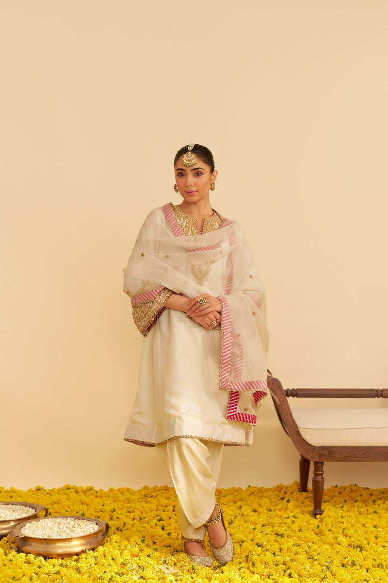 Marwa - Short Chauga With Salwar-Daisy Ivory silk by SHEETAL BATRA in ivory color for women Worldwide