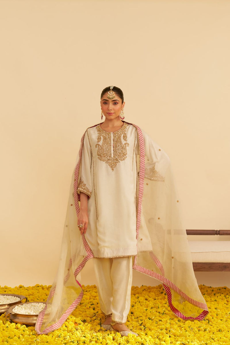 Ayra - Short Chauga With Salwar-Daisy Ivory silk by SHEETAL BATRA in ivory color for women Worldwide
