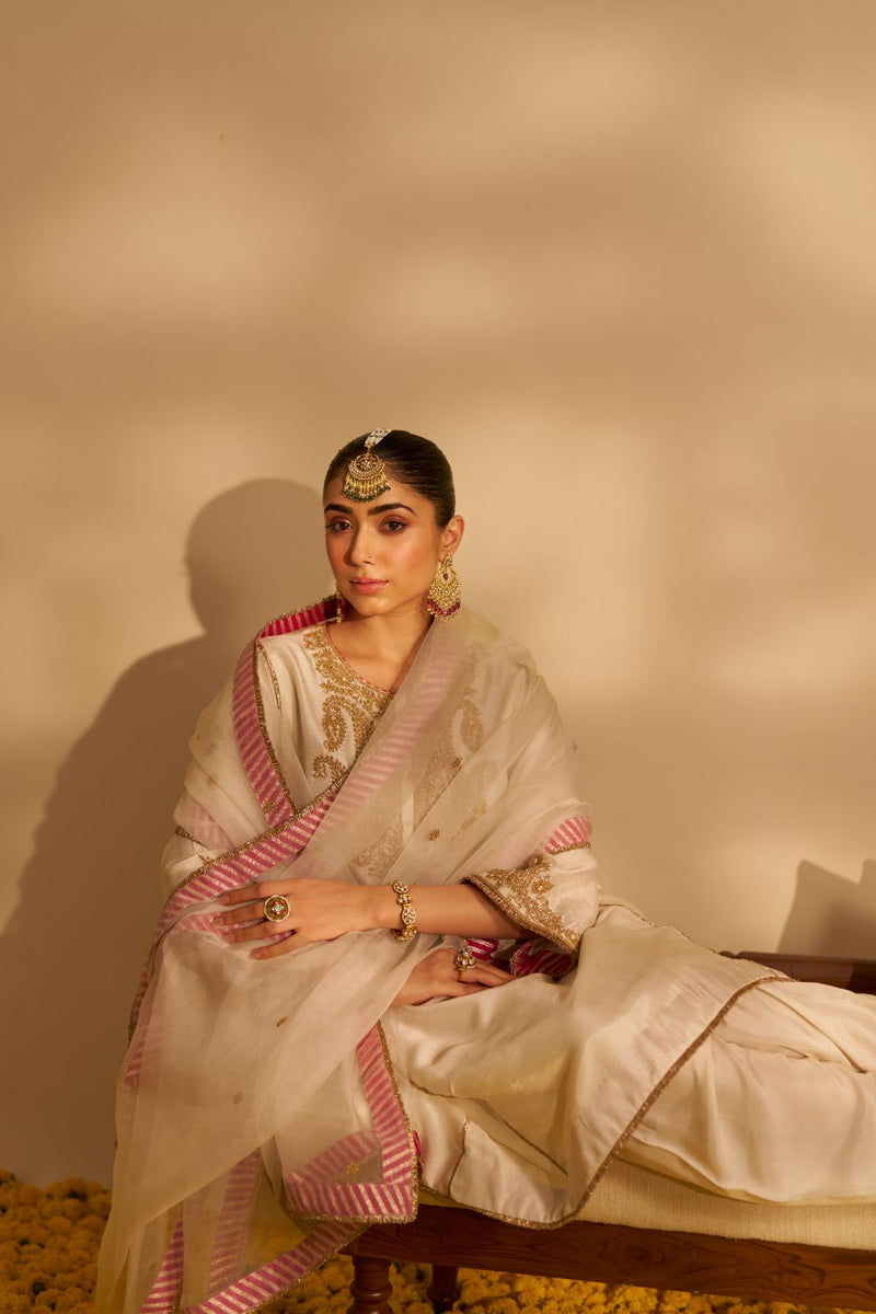 Ayra - Short Chauga With Salwar-Daisy Ivory silk by SHEETAL BATRA in ivory color for women Worldwide