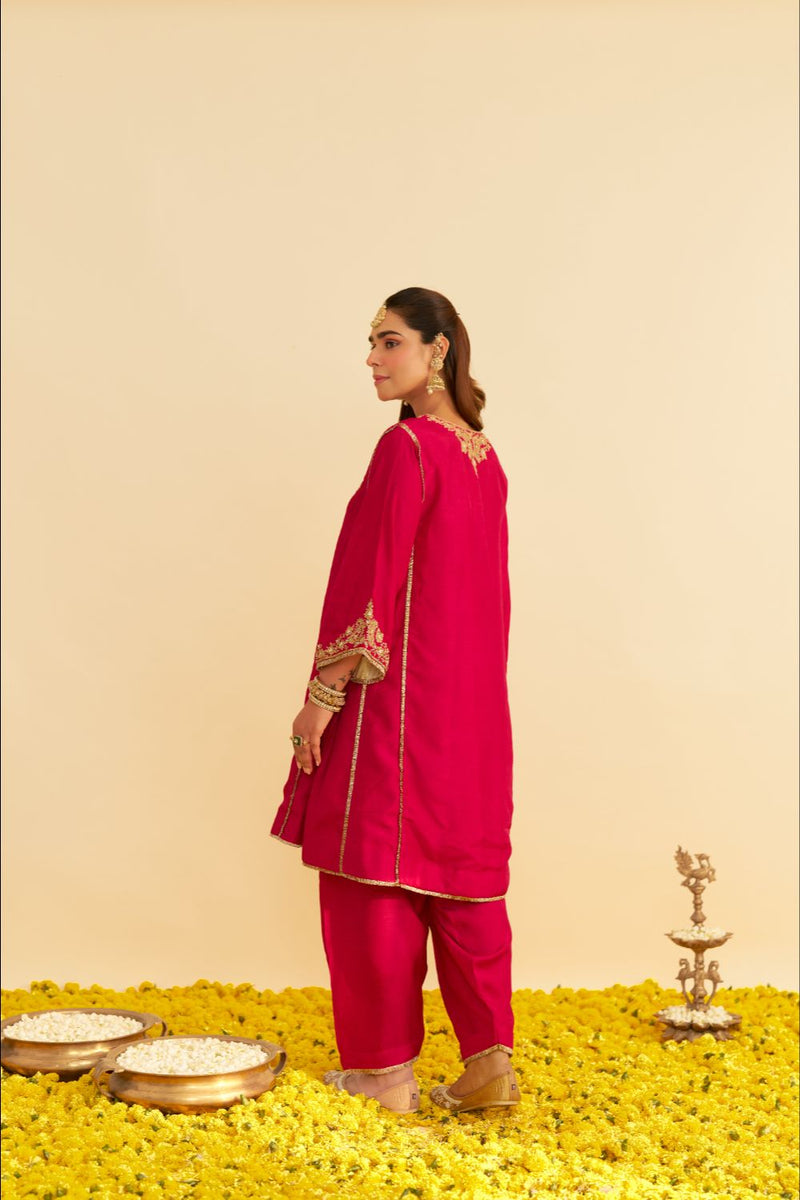 Ayra - Short Chauga With Salwar-Hotpink silk by SHEETAL BATRA in pink color for women Worldwide