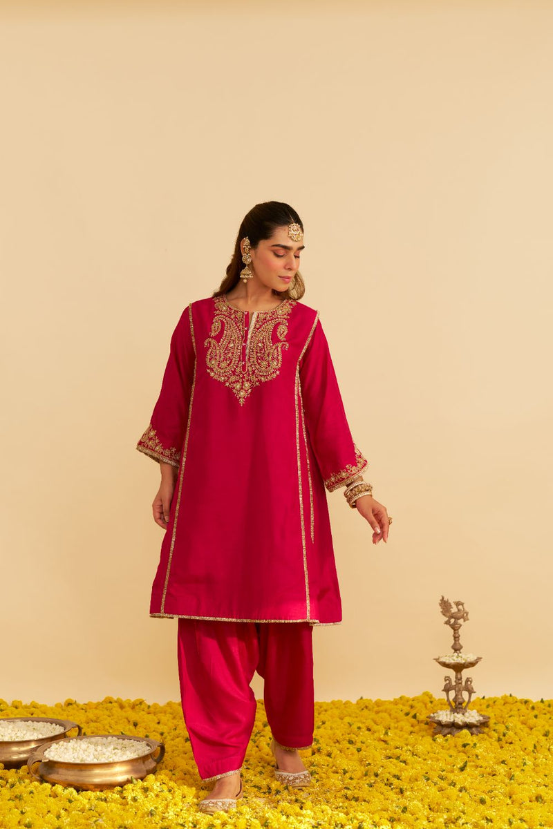 Ayra - Short Chauga With Salwar-Hotpink silk by SHEETAL BATRA in pink color for women Worldwide