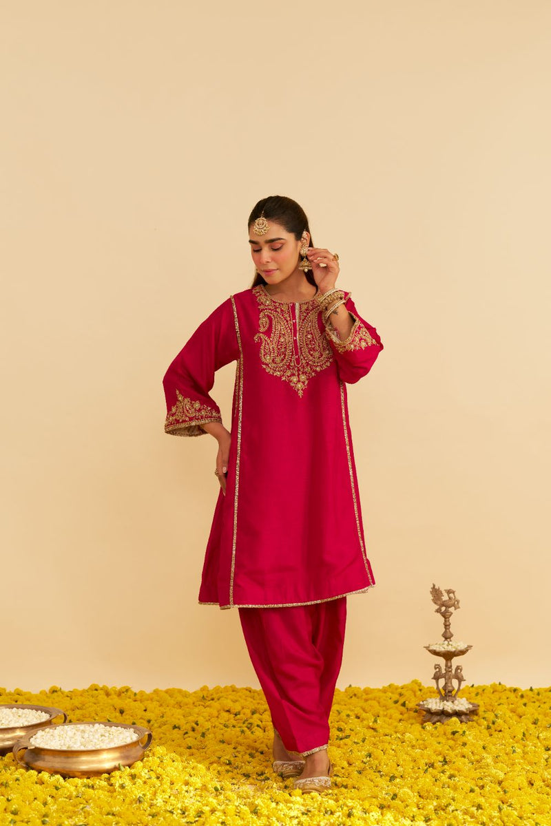 Ayra - Short Chauga With Salwar-Hotpink silk by SHEETAL BATRA in pink color for women Worldwide