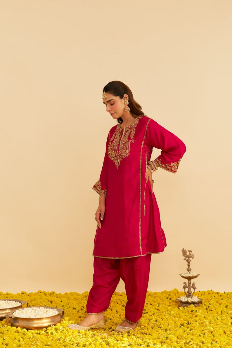 Ayra - Short Chauga With Salwar-Hotpink silk by SHEETAL BATRA in pink color for women Worldwide