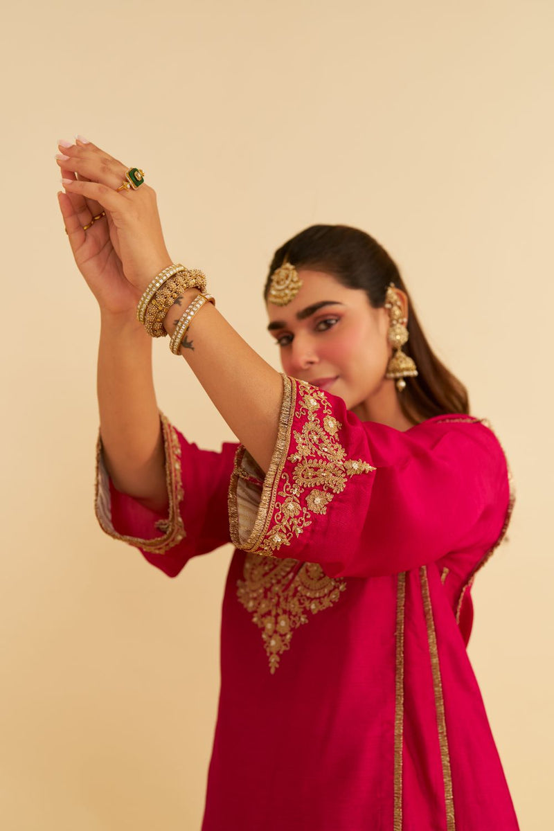 Ayra - Short Chauga With Salwar-Hotpink silk by SHEETAL BATRA in pink color for women Worldwide