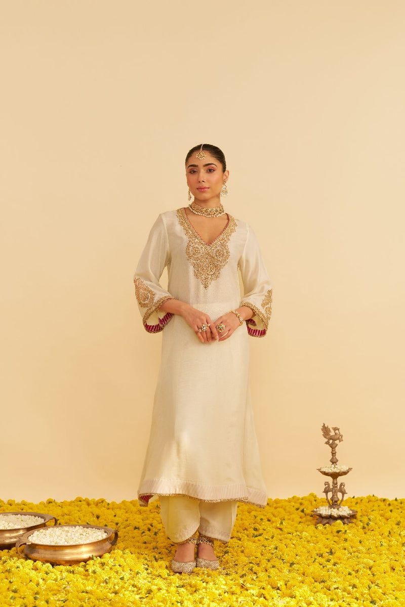 Haayat - Long Kaftan With Salwar-Daisy Ivory silk by SHEETAL BATRA in ivory color for women Worldwide