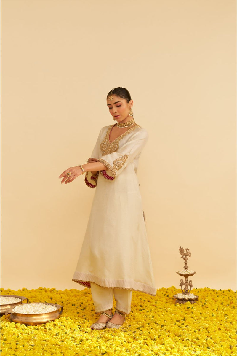 Haayat - Long Kaftan With Salwar-Daisy Ivory silk by SHEETAL BATRA in ivory color for women Worldwide