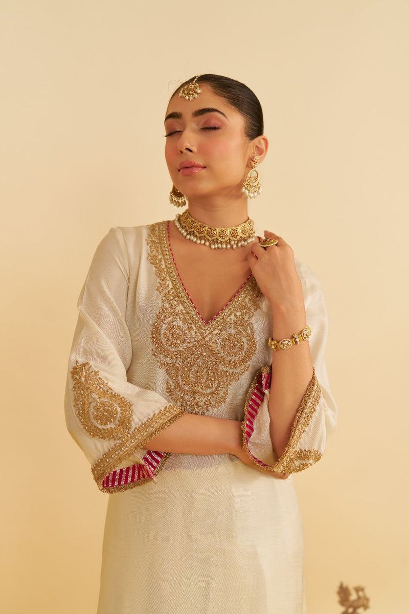 Haayat - Long Kaftan With Salwar-Daisy Ivory silk by SHEETAL BATRA in ivory color for women Worldwide