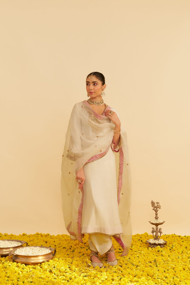 Haayat - Long Kaftan With Salwar-Daisy Ivory silk by SHEETAL BATRA in ivory color for women Worldwide