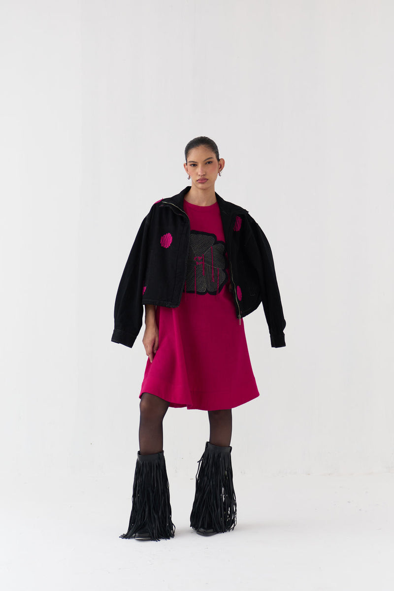 Polka Denim Bomber Co-Ord (Set Of 2)-Fuchsia wool dress by THREE in fuchsia, black for women Worldwide