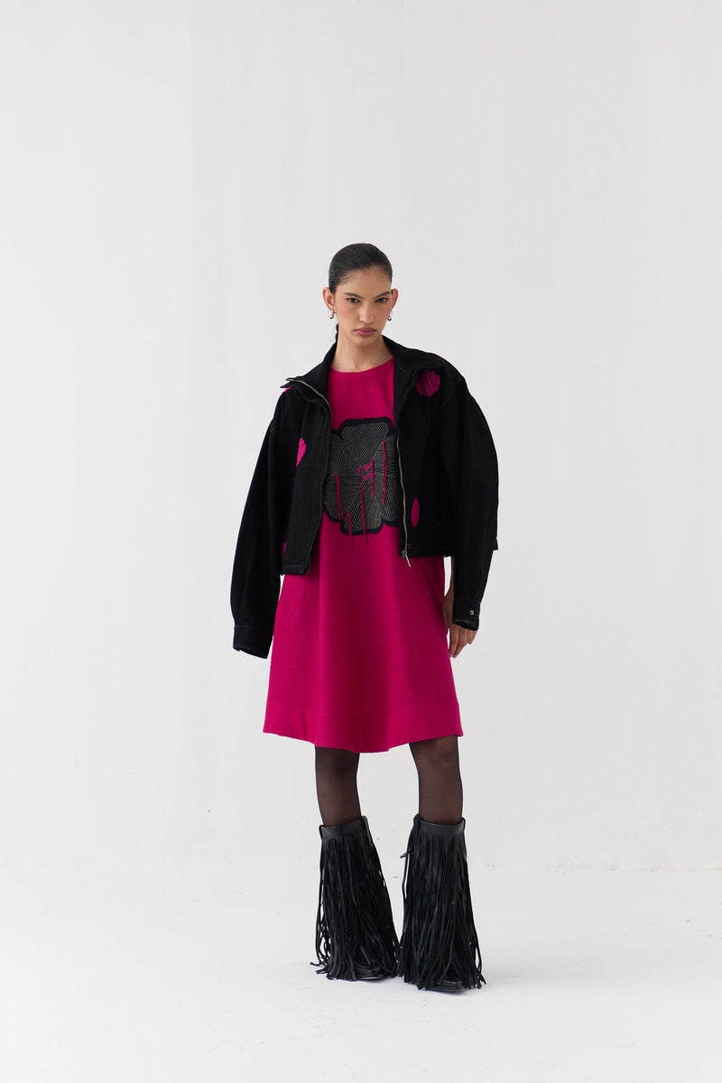 Polka Denim Bomber Co-Ord (Set Of 2)-Fuchsia wool dress by THREE in fuchsia, black for women Worldwide
