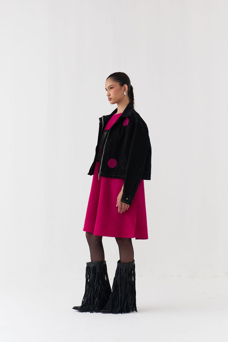 Polka Denim Bomber Co-Ord (Set Of 2)-Fuchsia wool dress by THREE in fuchsia, black for women Worldwide
