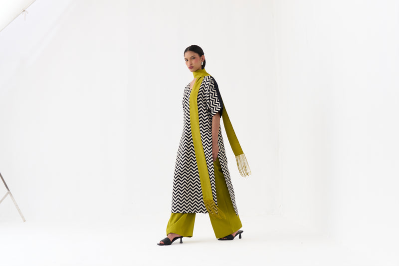 V Neck Kaftan Co-Ord (Set Of 3)-Black & White handwoven cotton, crepe co-ord set by THREE in black, white for women Worldwide